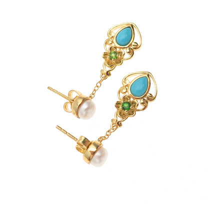 925 Sterling Gold Plated Real Turquoise Pearl & Peridot Floral Dangle Earrings