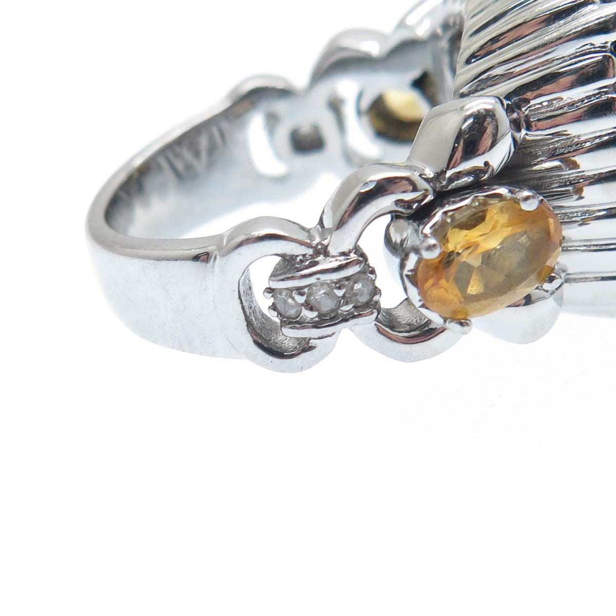 FADI Stainless Steel Real Diamond Smoky Quartz & Citrine Gemstone Ring Size 5.25