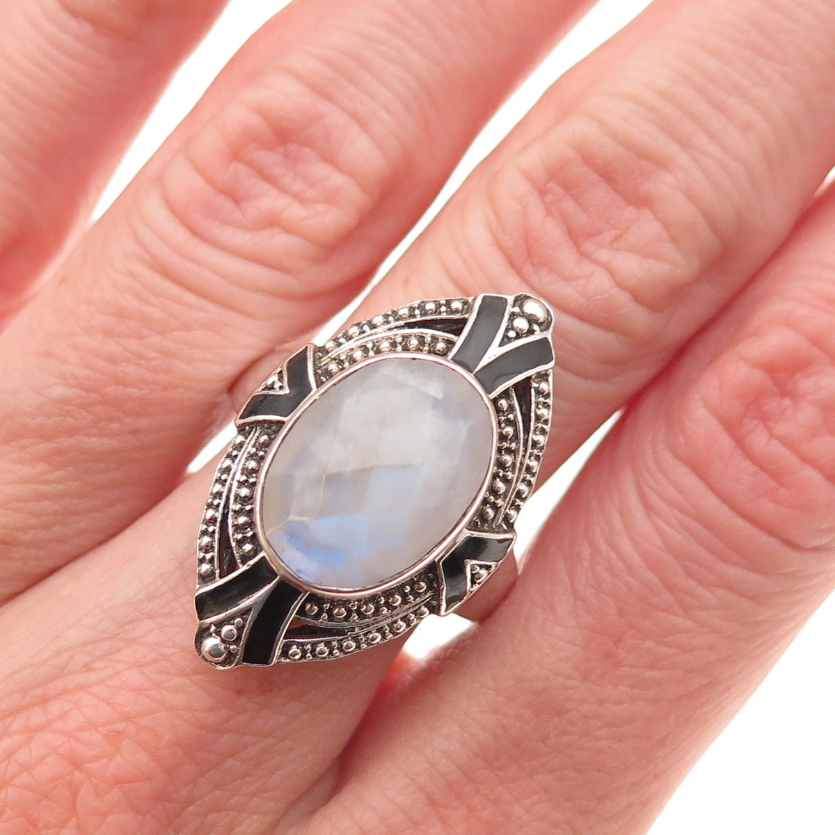 Nicky Butler Sterling Silver Vintage Enamel Real Moonstone Oxidized Ring Size 9