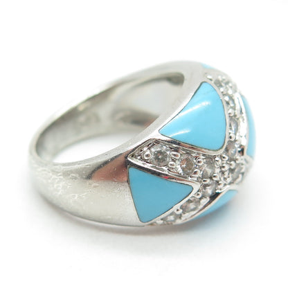 925 Sterling Silver Round-Cut Shaped C Z & Blue Enamel Ring Size 6