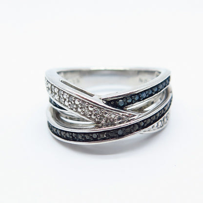 925 Sterling Silver SUN Real White Blue & Black Diamond Crossover Ring Size 5.75