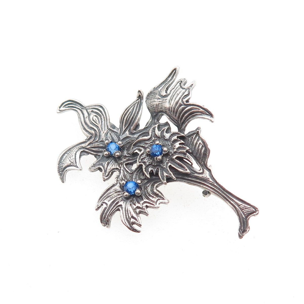 925 Sterling Silver Vintage Poland Blue Rhinestone Flower Oxidized Pin Brooch