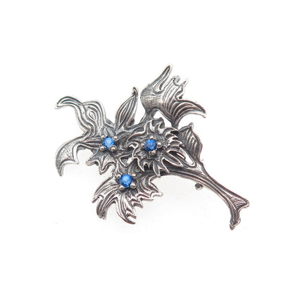 925 Sterling Silver Vintage Poland Blue Rhinestone Flower Oxidized Pin Brooch