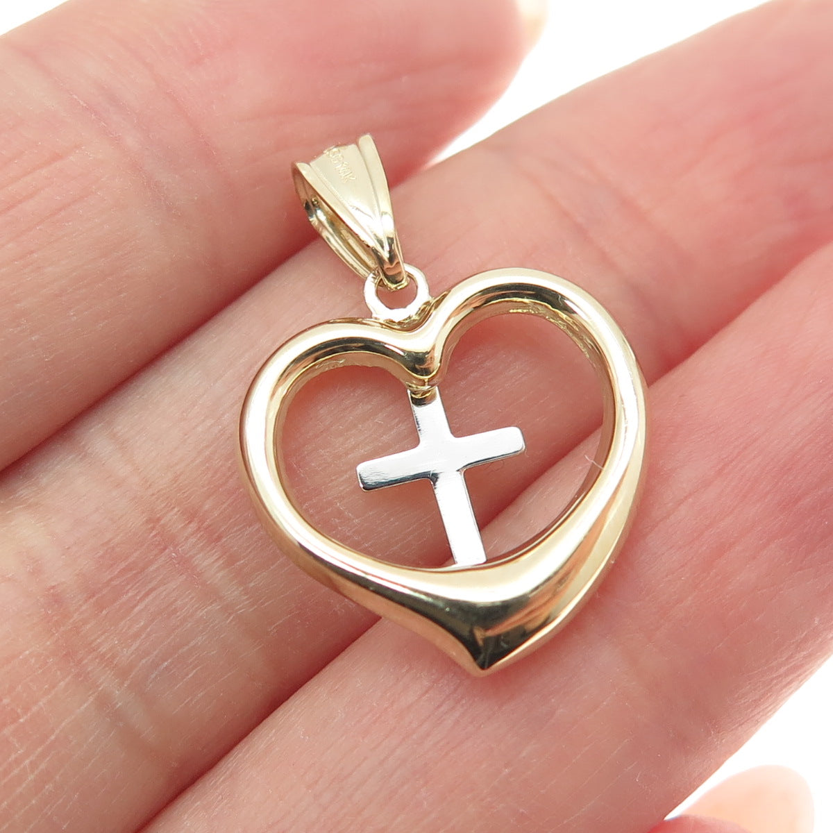 14K Yellow & White Gold Heart Cross Minimalist Charm Pendant