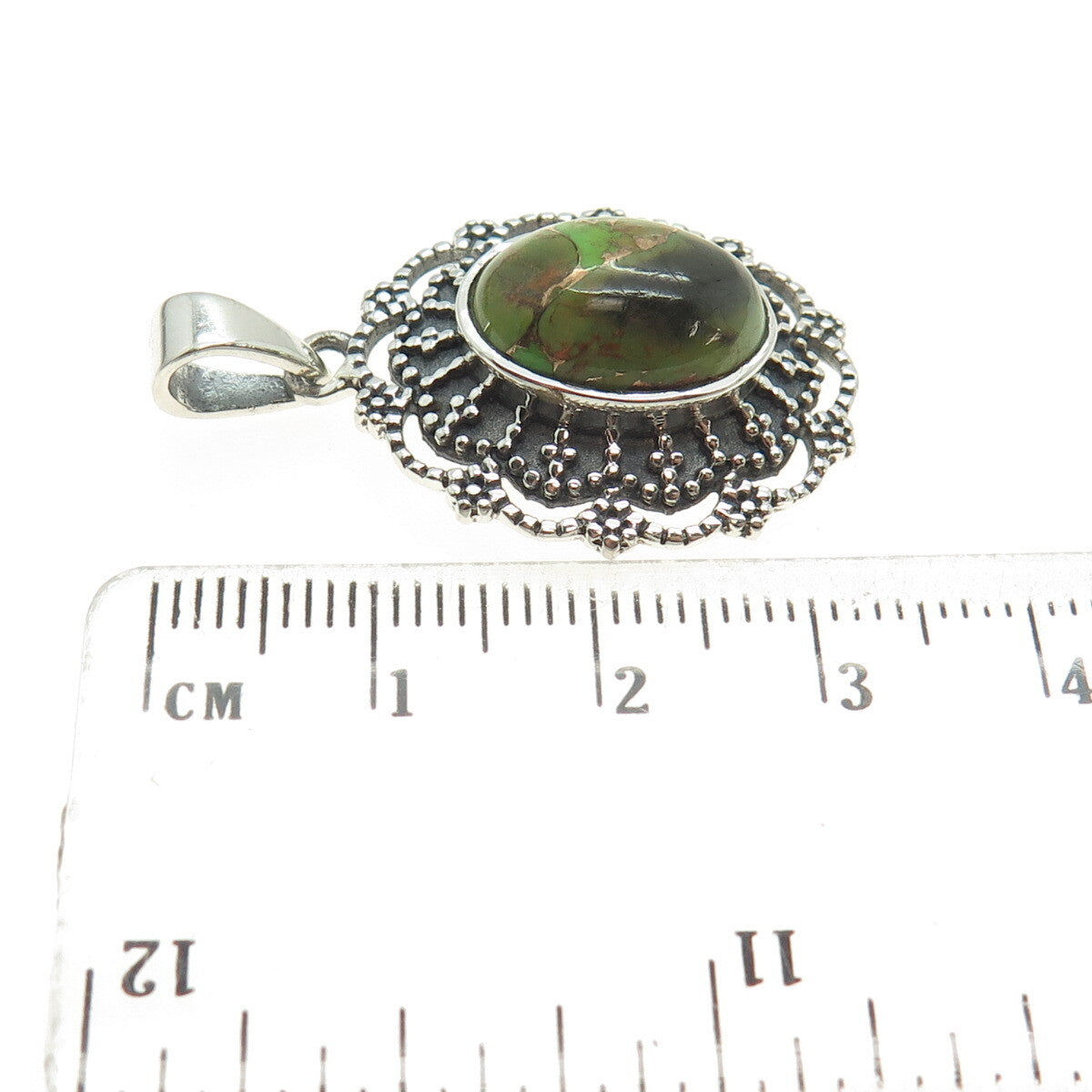 925 Sterling Silver Vintage Green Copper Turquoise Gem Ethnic Frame Pendant