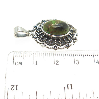 925 Sterling Silver Vintage Green Copper Turquoise Gem Ethnic Frame Pendant