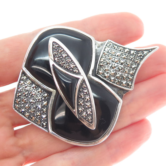 925 Sterling Silver Vintage Real Black Onyx Marcasite Art Deco Style Pin Brooch