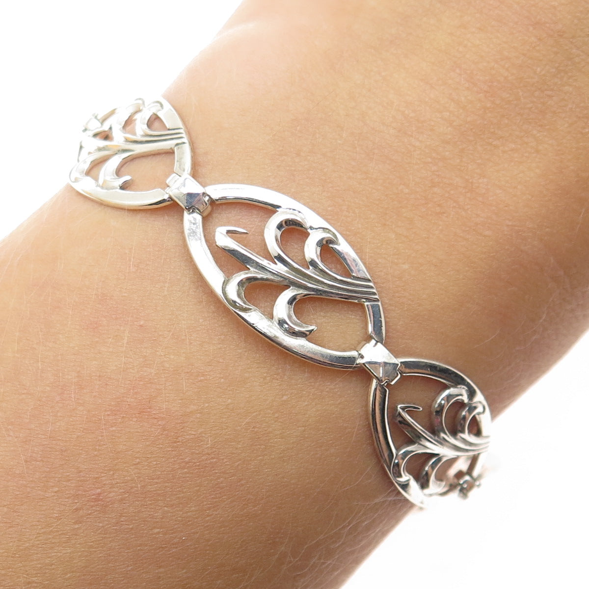 W. E. RICHARDS 925 Sterling Silver Antique Art Deco Floral Link Bracelet 7"
