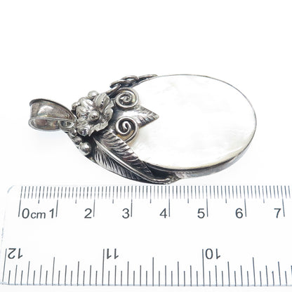 MERAV 925 Sterling Silver Vintage Real MOP Feather Flower Oxidized Pendant