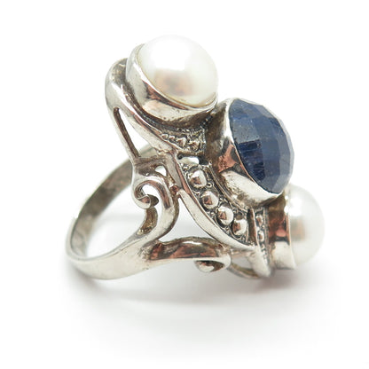 NICKY BUTLER 925 Sterling Silver Vintage Real Pearl & Sapphire Gem Ring Size 6