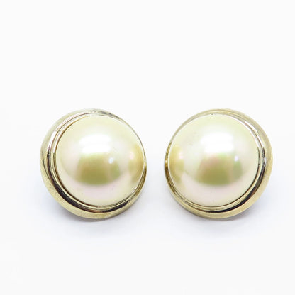 925 Sterling Silver Gold Plated Vintage Faux Pearl Omega Back Earrings