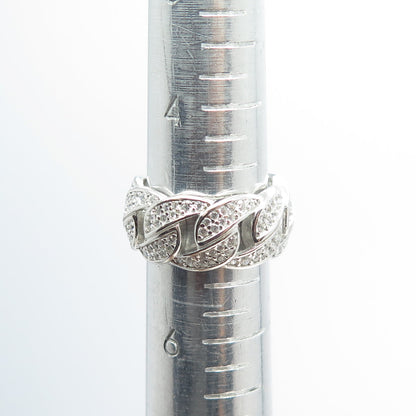 925 Sterling Silver Pave C Z Cuban Chain Band Ring Size 5.5