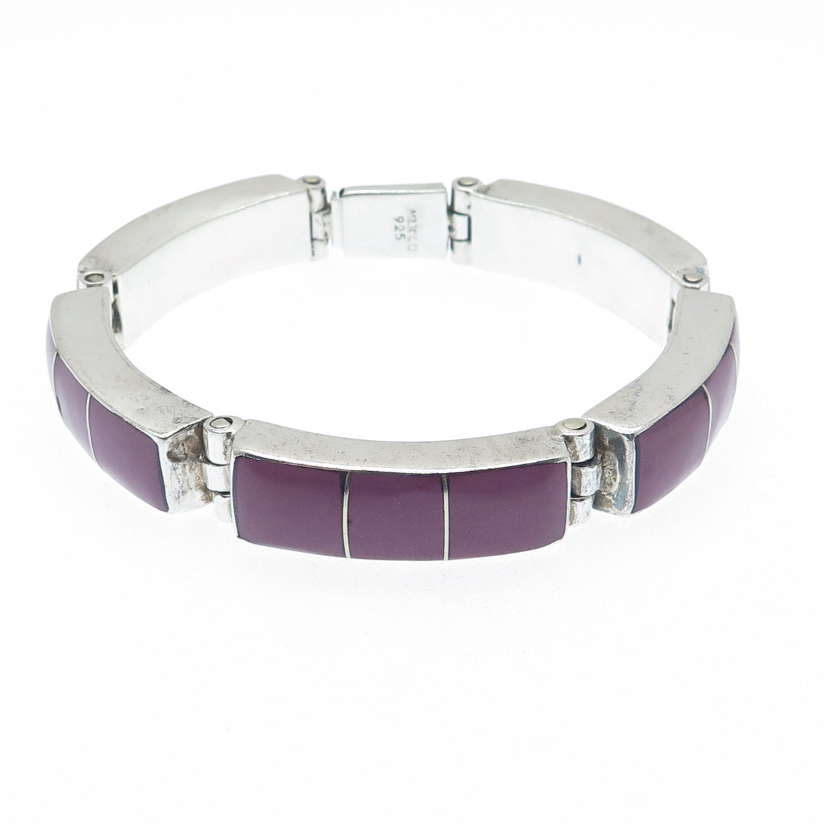 925 Sterling Silver Vintage Mexico Real Sugilite Panel Link Bracelet 6.75"