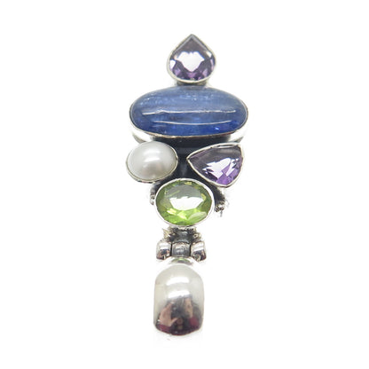 925 Sterling Silver Vintage Real Pearl Peridot Sapphire Amethyst Gem Pendant