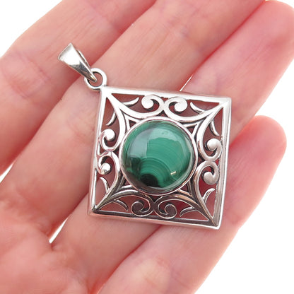 925 Sterling Silver Vintage Real Malachite Floral Oxidized Pendant