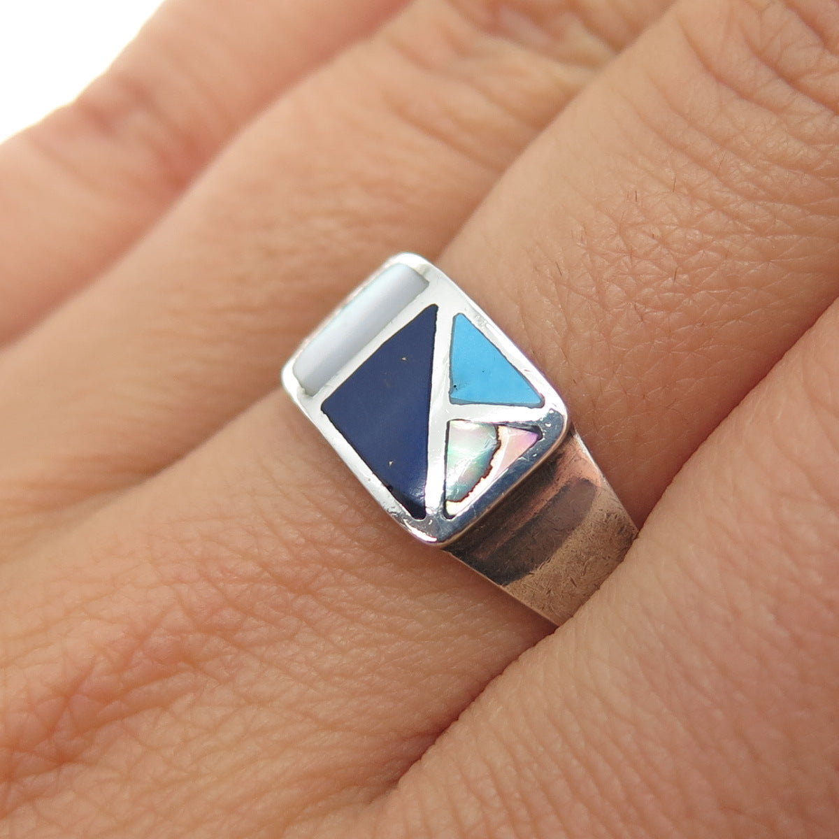 925 Sterling Silver Vintage Lapis Turquoise Abalone Shell & MOP Ring Size 7.75