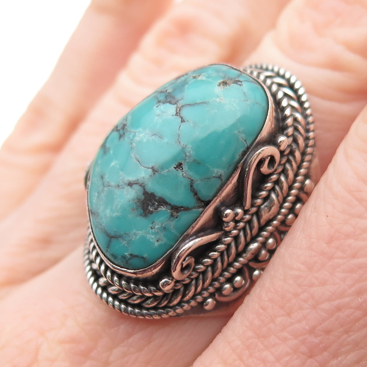 925 Sterling Silver Vintage Real Kingman Turquoise Oxidized Ring Size 7.25