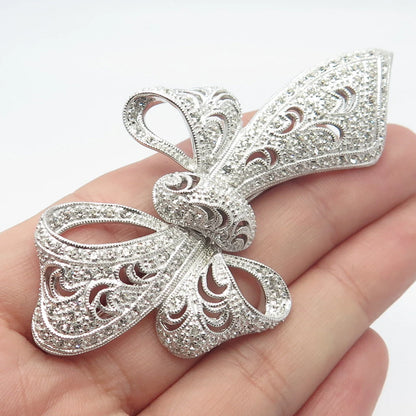 925 Sterling Silver Vintage Jenna Nicole C Z Bow Pin Brooch