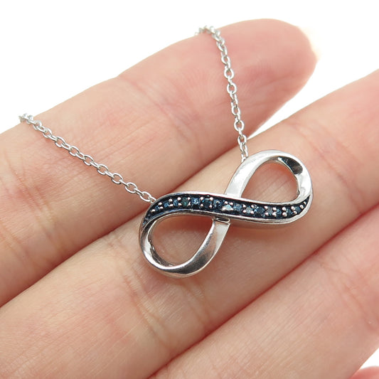 925 Sterling Silver Real Round-Cut Blue Diamond Infinity Chain Necklace 18"