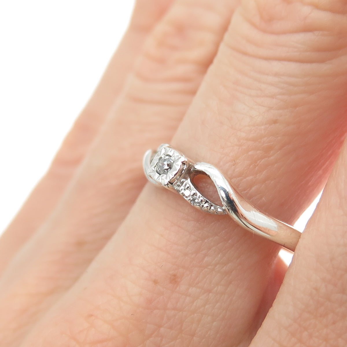 SUN 925 Sterling Silver Real Round-Cut Diamond Promise Ring Size 9.5