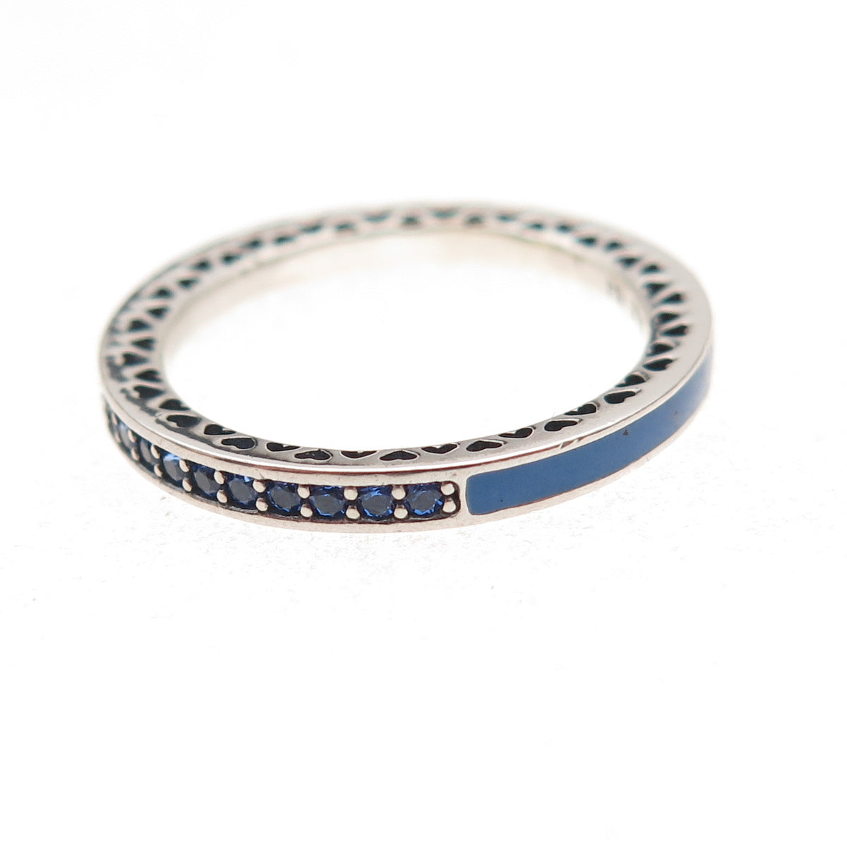 Pandora 925 Sterling Silver Enamel & Blue C Z Radiant Hearts Band Ring Size 7