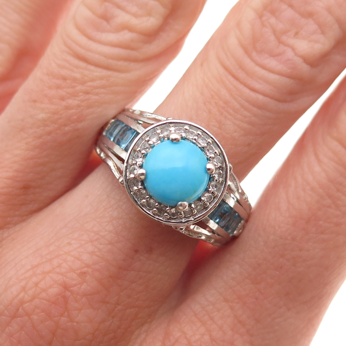Chuck Clemency 925 Sterling Real Turquoise Blue & White Topaz Ring Size 8.25