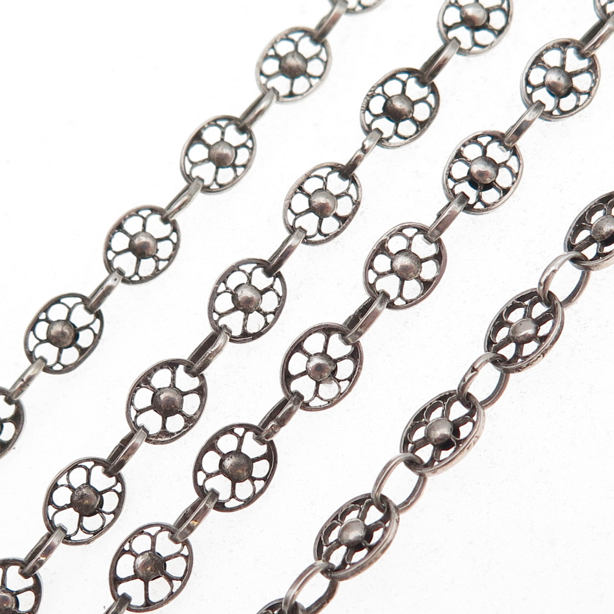 925 Sterling Silver Antique Art Deco Floral Filigree Necklace 28" (missing lock)