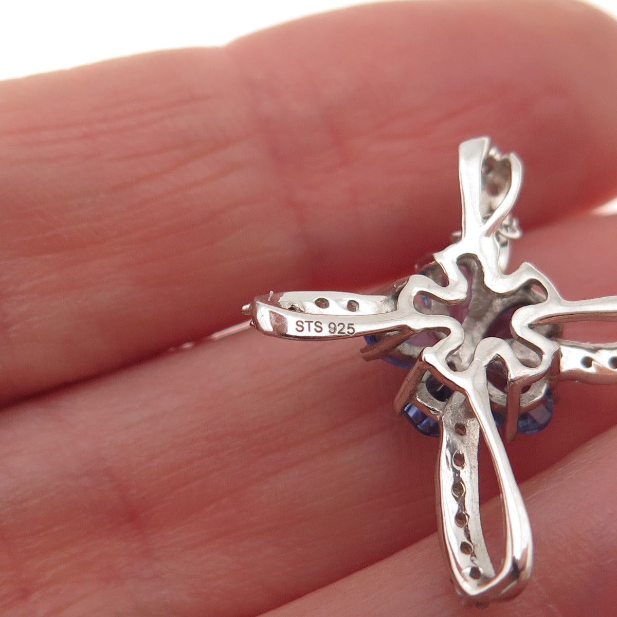 Chuck Clemency 925 Sterling Real Tanzanite White Topaz Floral Cross Necklace 20"