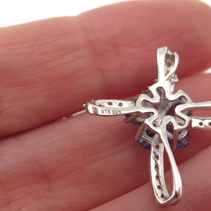 Chuck Clemency 925 Sterling Real Tanzanite White Topaz Floral Cross Necklace 20"