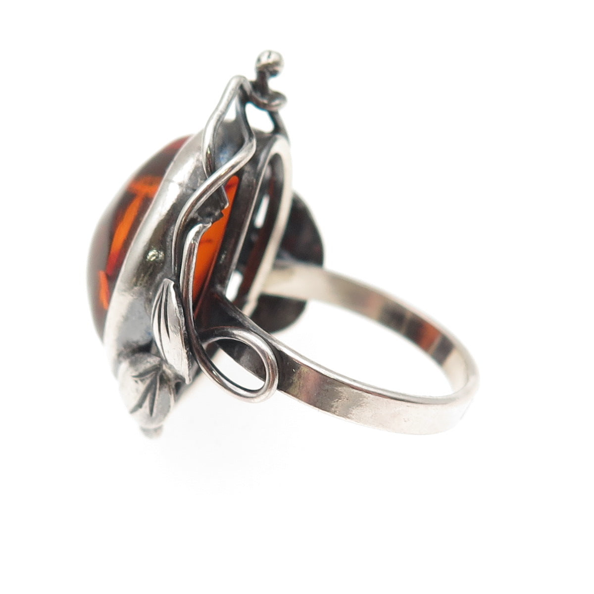 800 Silver Vintage Poland Real Amber Modernist Oxidized Ring Size 7.5