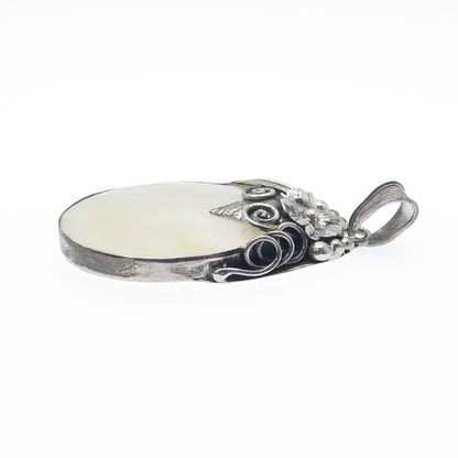MERAV 925 Sterling Silver Vintage Real MOP Feather Flower Oxidized Pendant