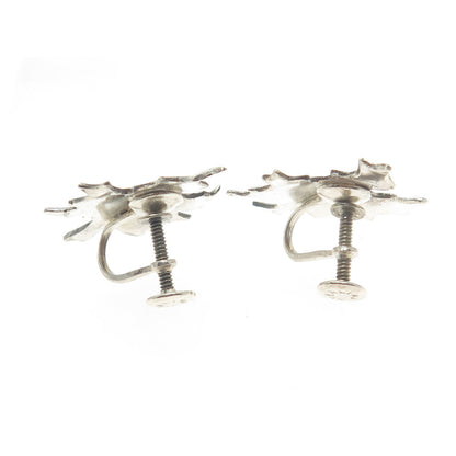 925 Sterling Silver Antique Art Deco Maple Leaf Screw Back Earrings