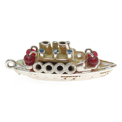 925 Sterling Silver Antique Art Deco Enamel Rhinestone Glass Ship Charm Pendant