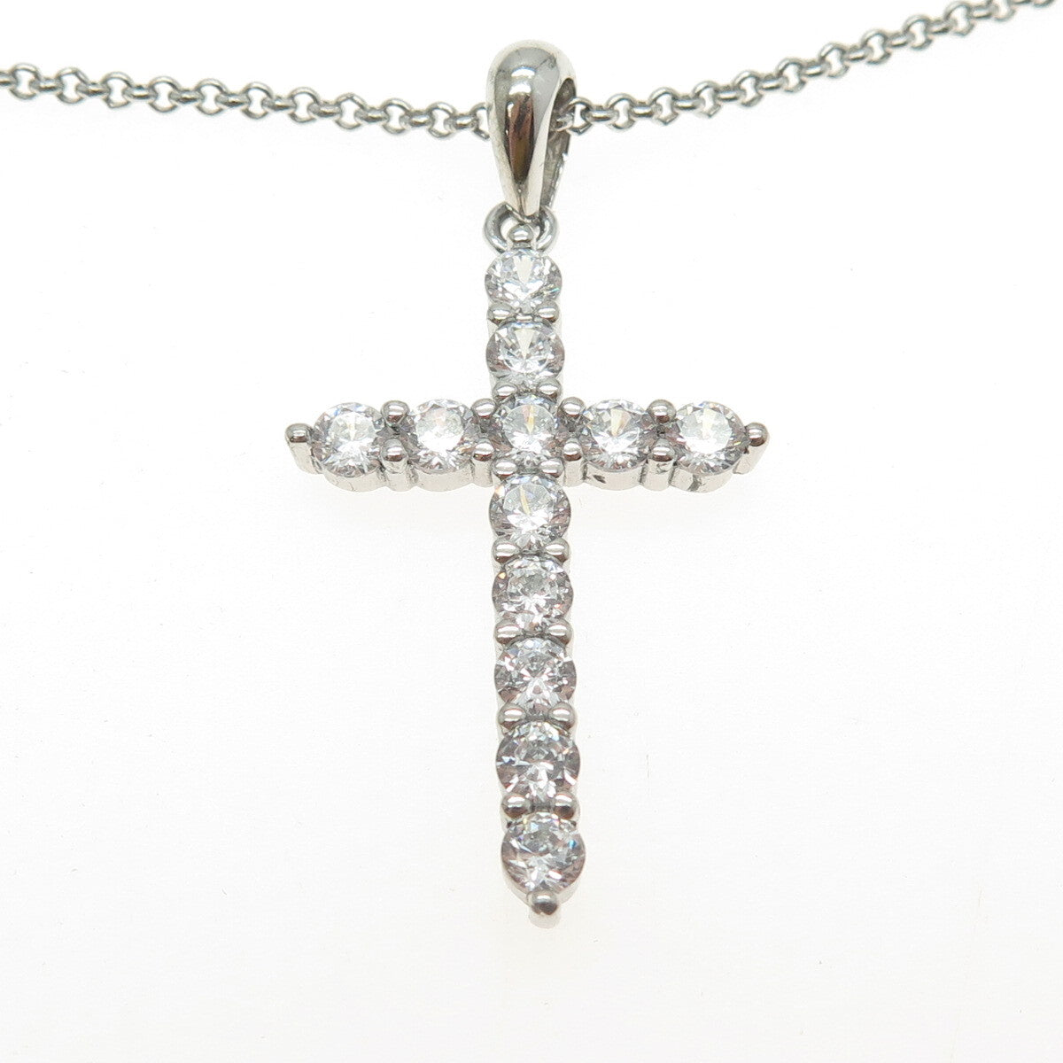 925 Sterling Silver Italy Round-Cut Shaped C Z Cross Rolo Chain Necklace 16"