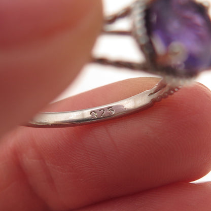 925 Sterling Silver Vintage Real Round-Cut Amethyst Oxidized Ring Size 7.25