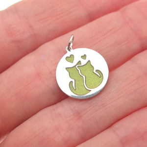 925 Sterling Silver Green Enamel Cat Couple Heart Charm Pendant