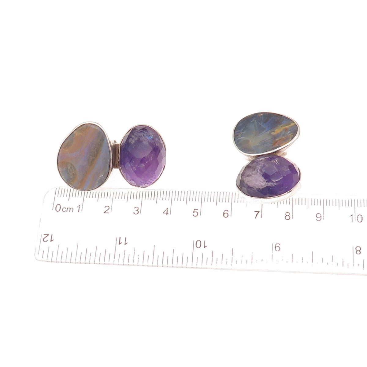 Rebecca Collins 925 Sterling Silver Vintage Real Opal Amethyst Clip On Earrings