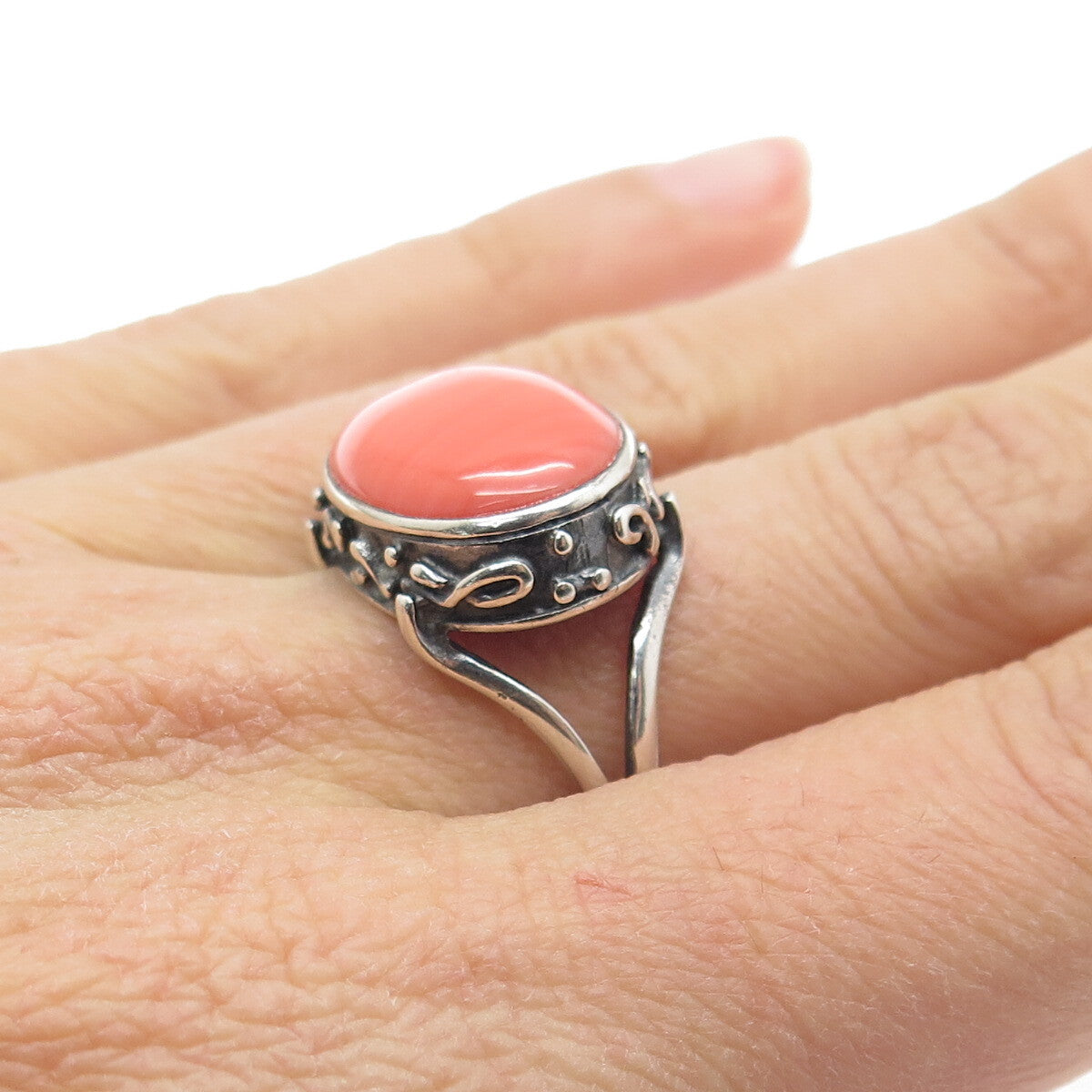 TED OTT 925 Sterling Silver Vintage Real Peach Agate Gem Ethnic Ring Size 9.75
