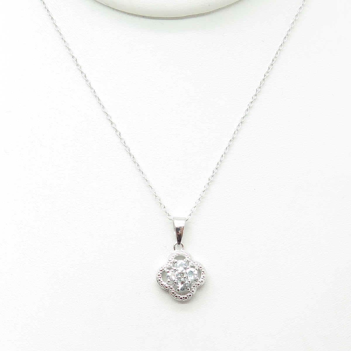 925 Sterling Silver Real Blue Topaz Flower Pendant Cable Chain Necklace 18"