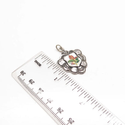 925 Sterling Silver Vintage REU Enamel Maple Leaf Coat of Arms Pendant