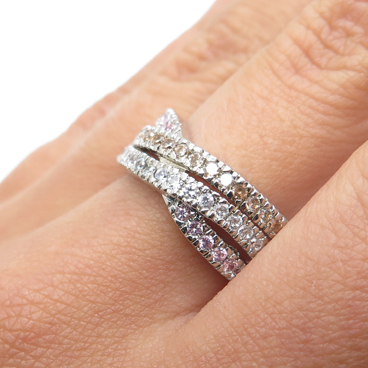 925 Sterling Round-Cut Lavender Champagne & White C Z Crisscross Ring Size 7