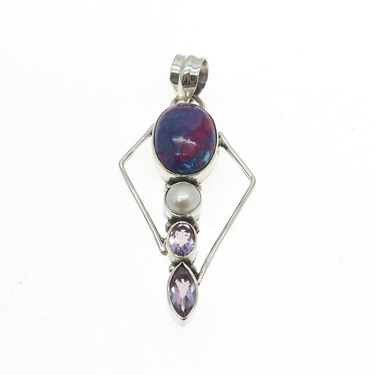 925 Sterling Silver Vintage Purple Turquoise Amethyst & Pearl Modernist Pendant