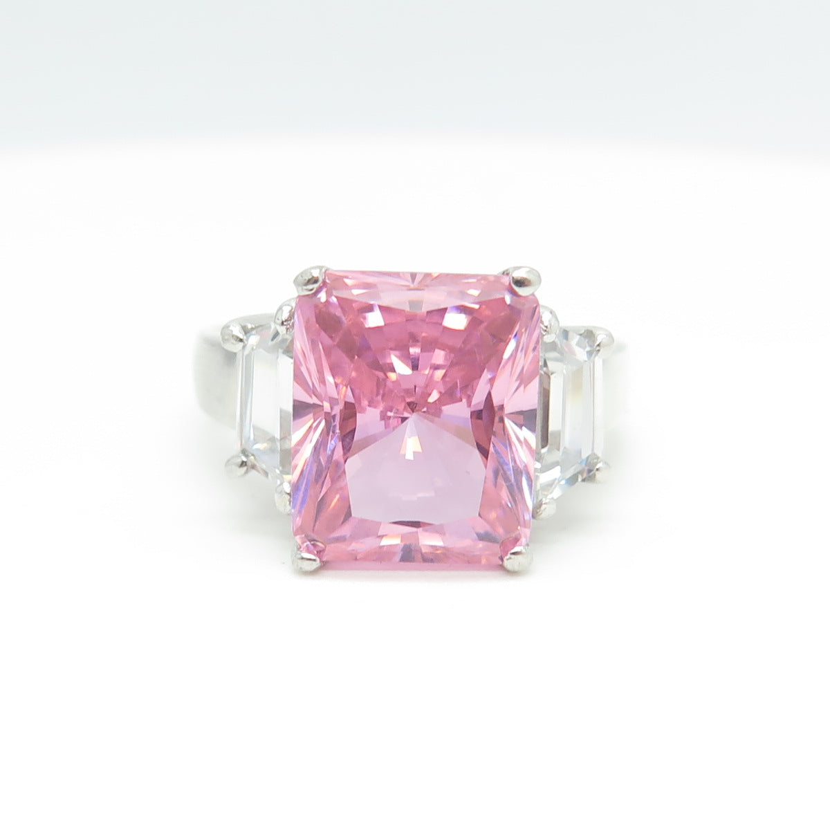 925 Sterling Silver Radiant-Cut Pink & White C Z Ring Size 8