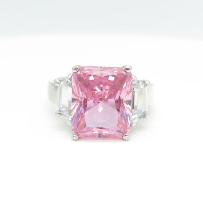 925 Sterling Silver Radiant-Cut Pink & White C Z Ring Size 8