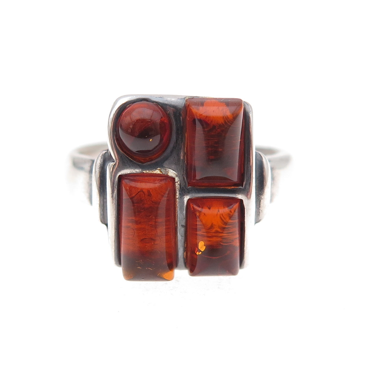 925 Sterling Silver Vintage Real Amber Modernist Oxidized Ring Size 6