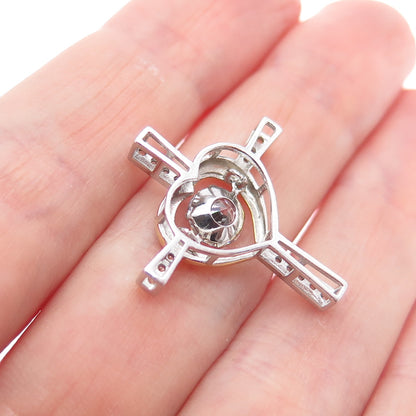 925 Sterling Silver 2-Tone Round-Cut C Z Heart Cross Minimalist Slide Pendant