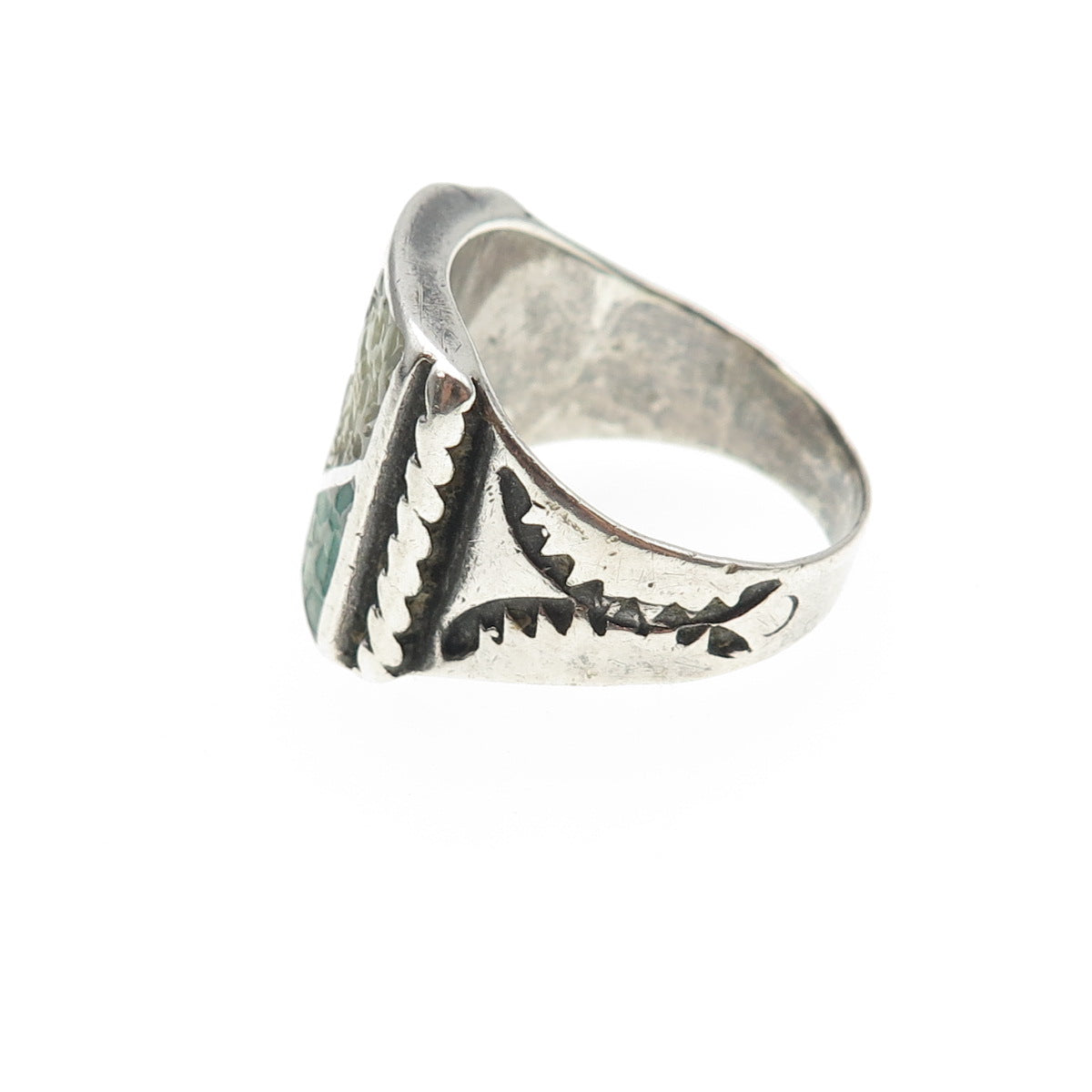 Old Pawn Sterling Silver Vintage Southwestern Malachite MOP Inlay Ring Size 10.5