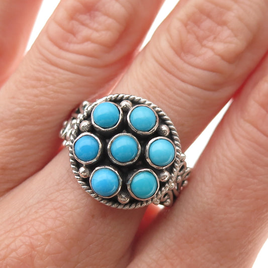 925 Sterling Silver Vintage Real Sleeping Beauty Turquoise Floral Ring Size 9.25