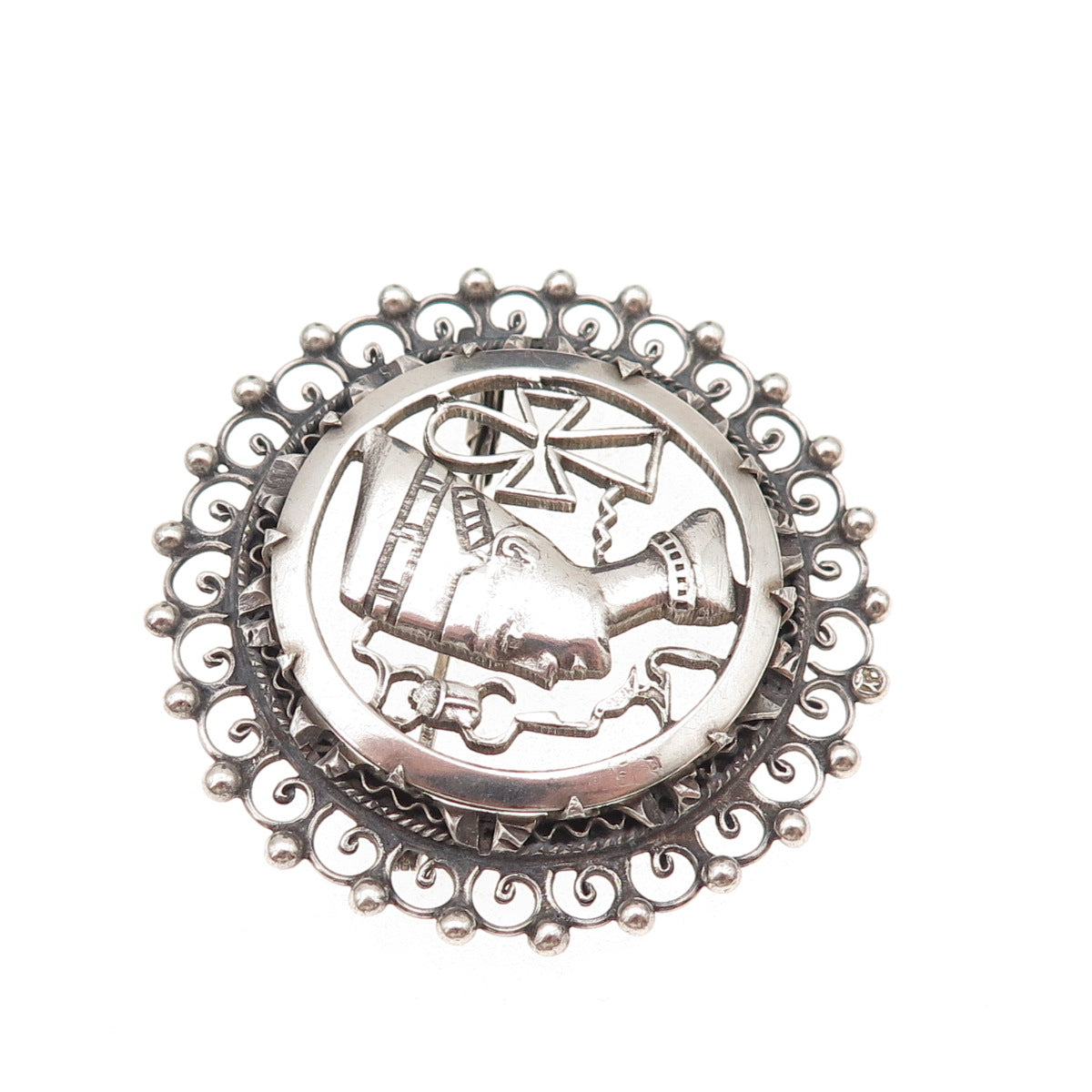 800 Silver Antique Art Deco Egyptian Nefertiti Pharoh Oxidized Pin Brooch