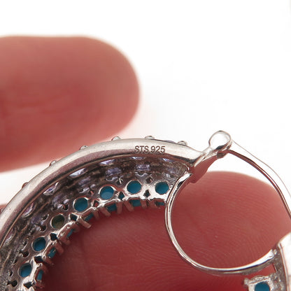 Chuck Clemency 925 Sterling Silver Real Turquoise & Tanzanite Hoop Earrings